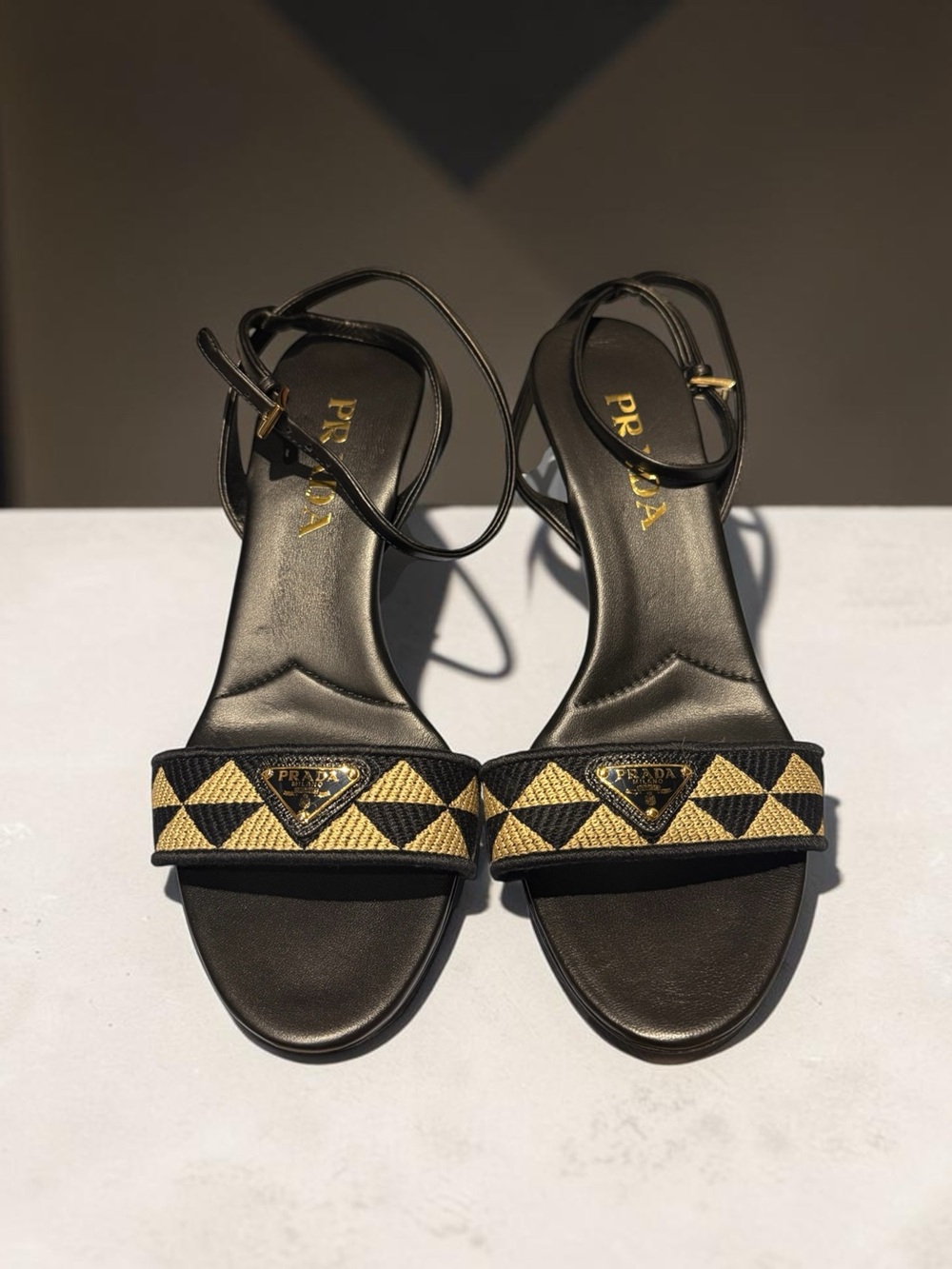Prada Woven Triangle Logo Kitten Heel Sandals EU 38